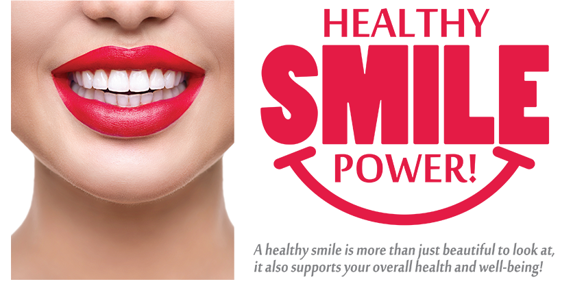The image is a promotional graphic for a dental care service named  Smile Power,  featuring a close-up of a person s face with red lipstick and the text  HEALTHY SMILE POWER  in bold, capitalized letters.